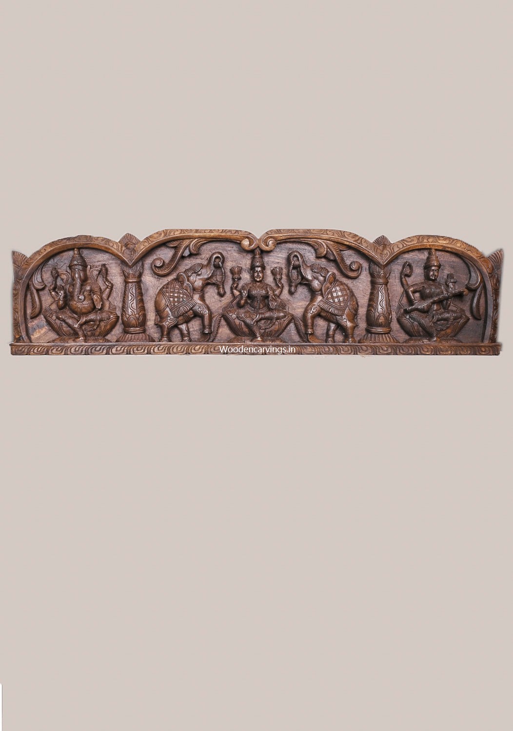 Hindu Deity of Goddess GajaLakshmi With Ganesh and Saraswathi Pillar Design Hooks Fixed Wooden Wall Panel 48"