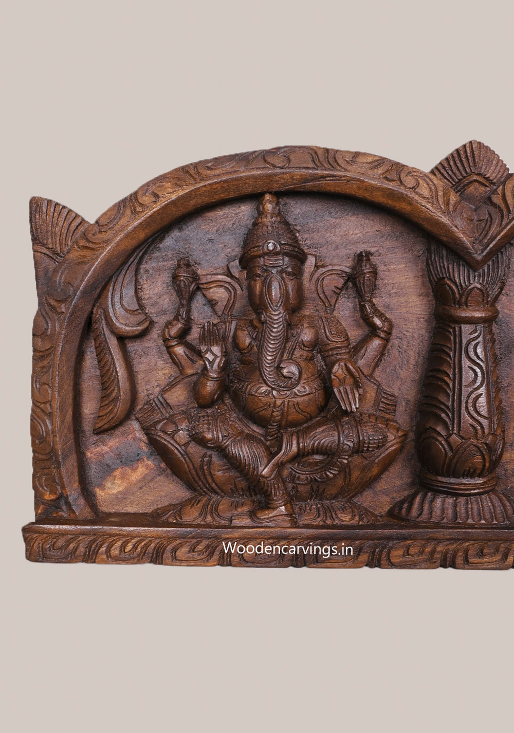 Hindu Deity of Goddess GajaLakshmi With Ganesh and Saraswathi Pillar Design Hooks Fixed Wooden Wall Panel 48"