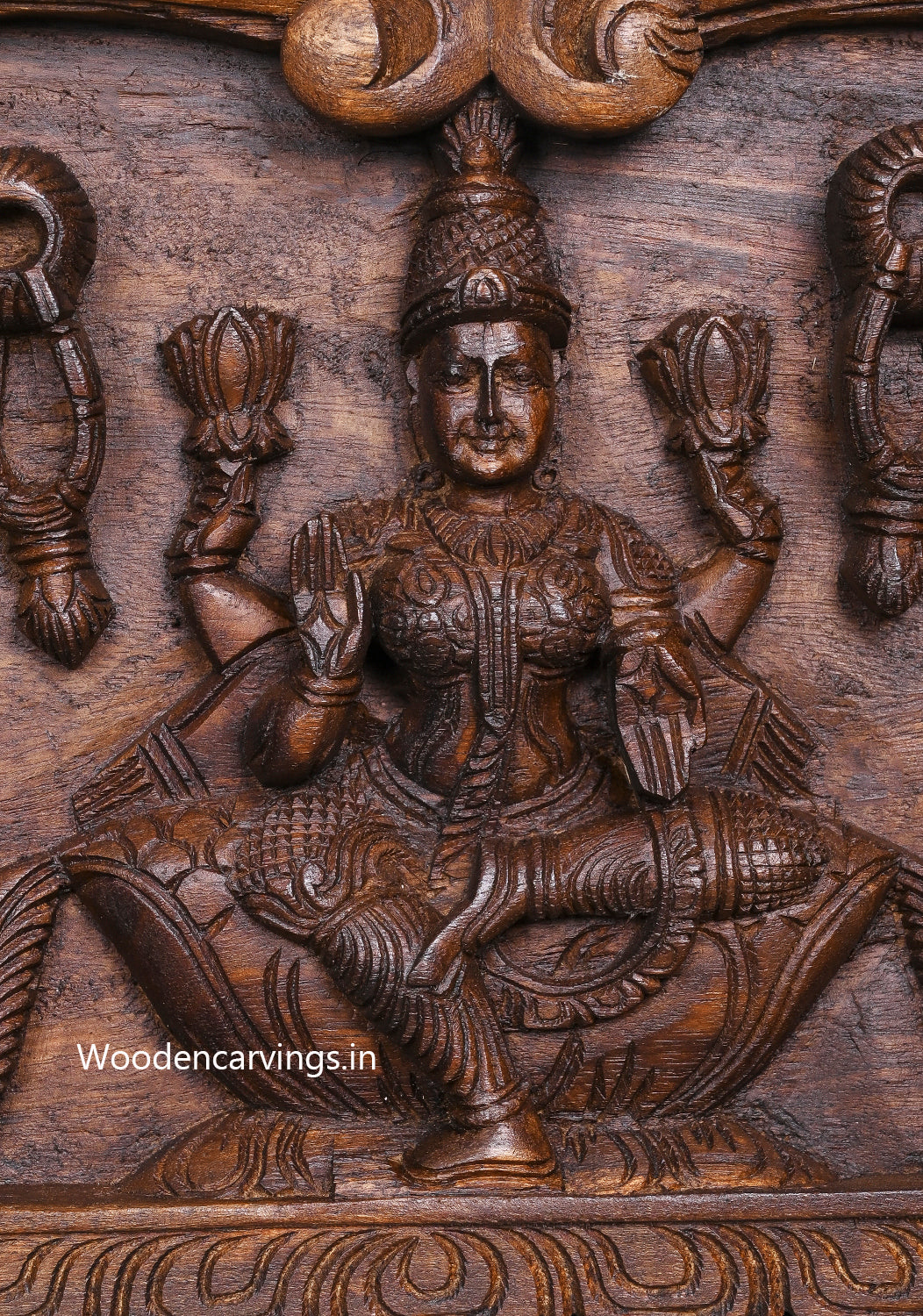 Hindu Deity of Goddess GajaLakshmi With Ganesh and Saraswathi Pillar Design Hooks Fixed Wooden Wall Panel 48"