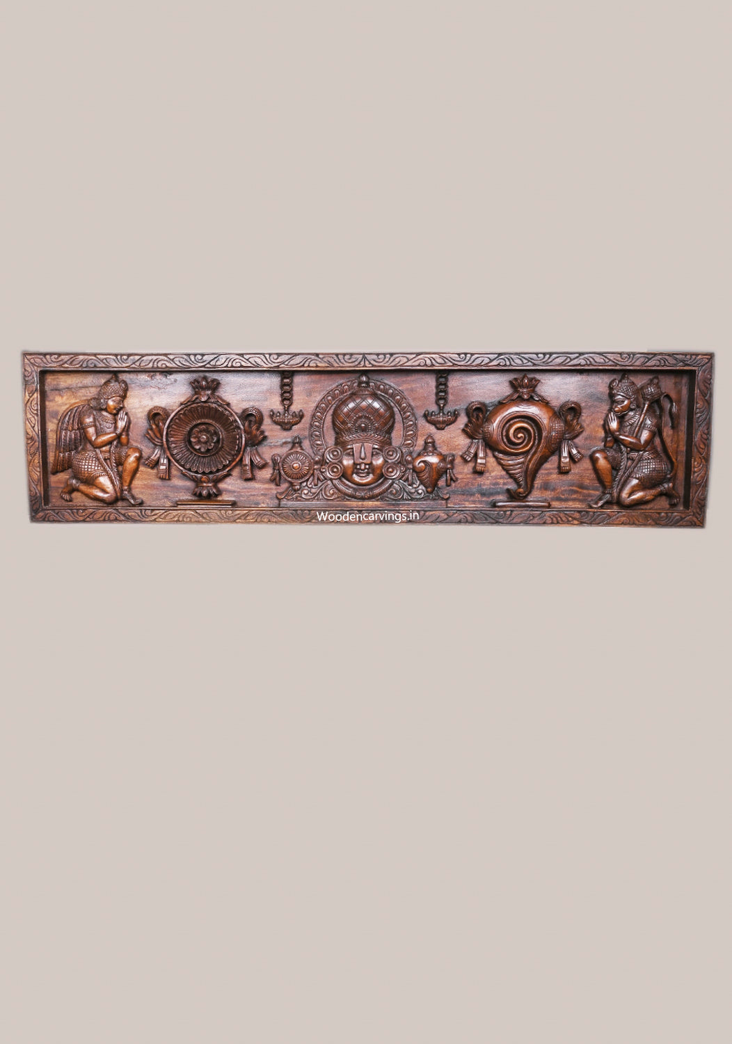 Tirupathi Lord Shri Venkatajalalapthy Face Carved Chanku Nama Chakra With Garudar and Hanuman Wooden Panel 48"