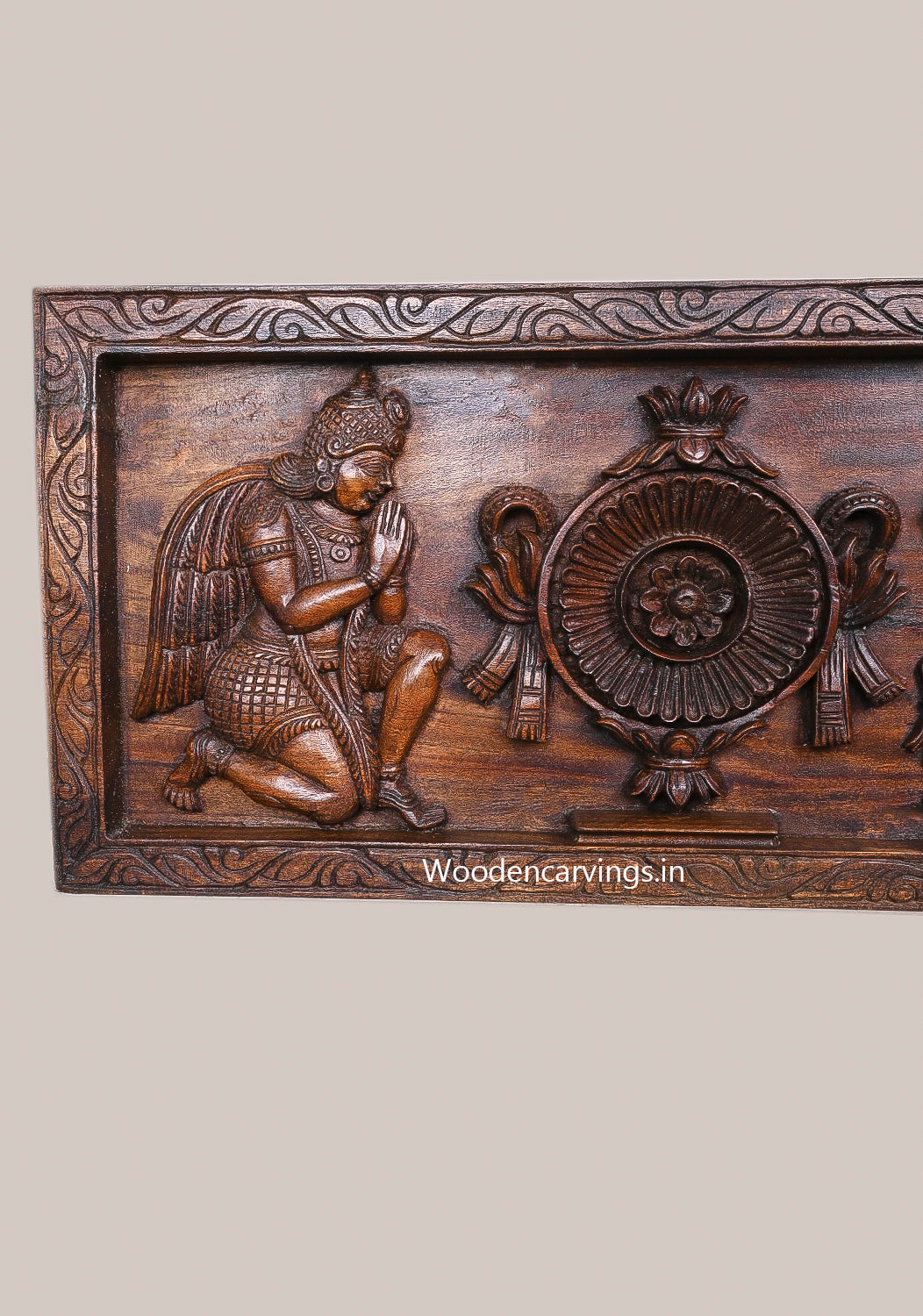 Tirupathi Lord Shri Venkatajalalapthy Face Carved Chanku Nama Chakra With Garudar and Hanuman Wooden Panel 48"