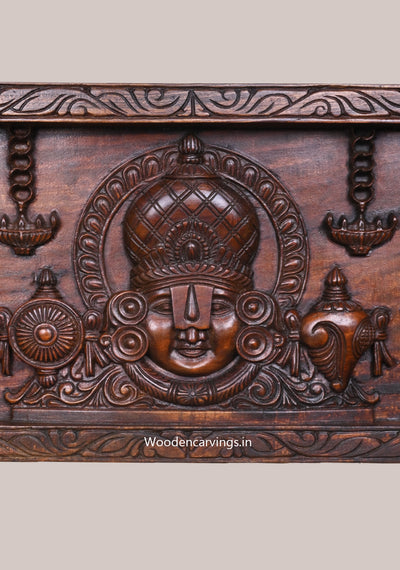 Tirupathi Lord Shri Venkatajalalapthy Face Carved Chanku Nama Chakra With Garudar and Hanuman Wooden Panel 48"