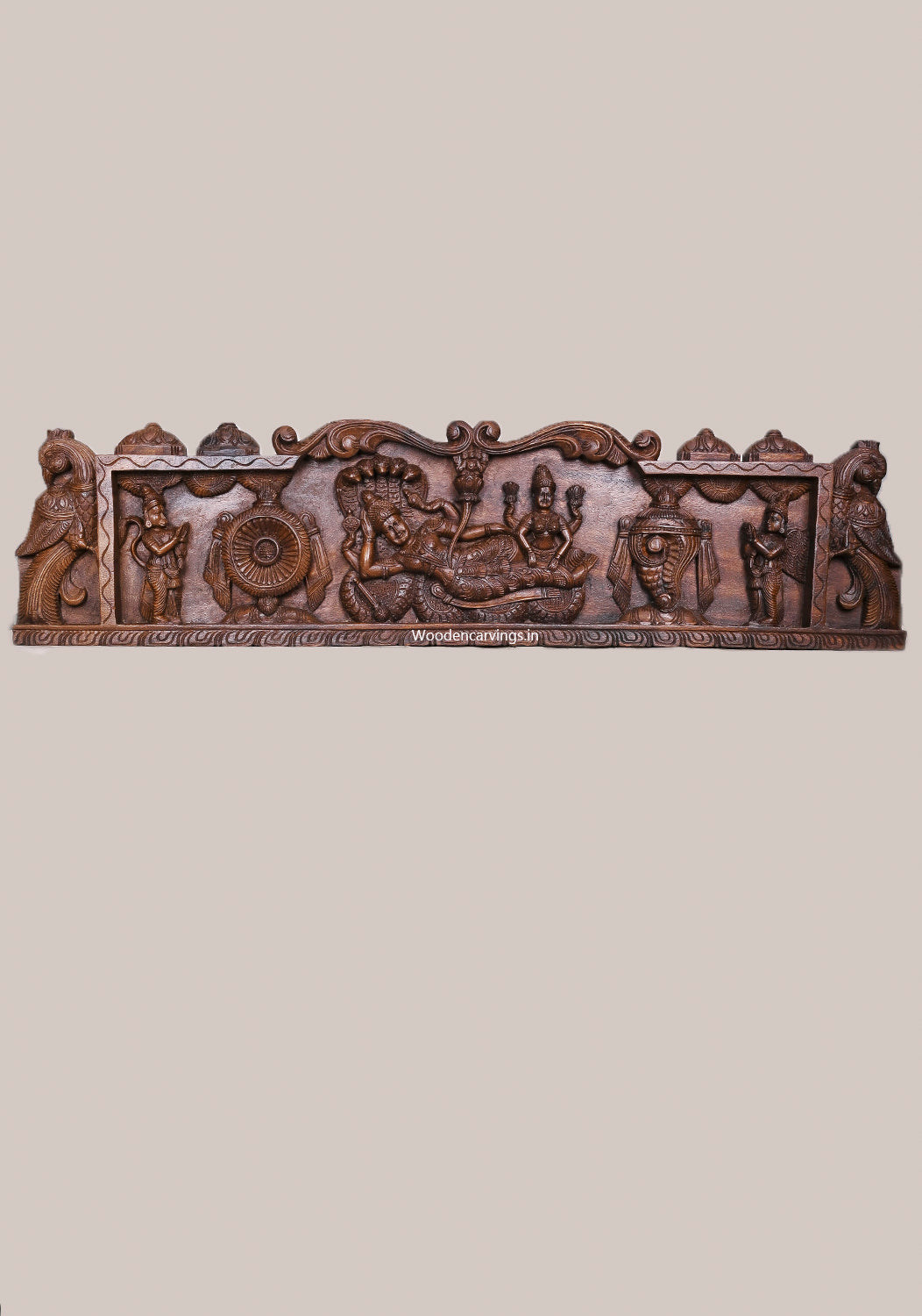 Garuda With Hanumanth Reclining Ranganathaswamy With Thirunama Chakram Wooden Horizontal Wax Brown Wall Panel 48"