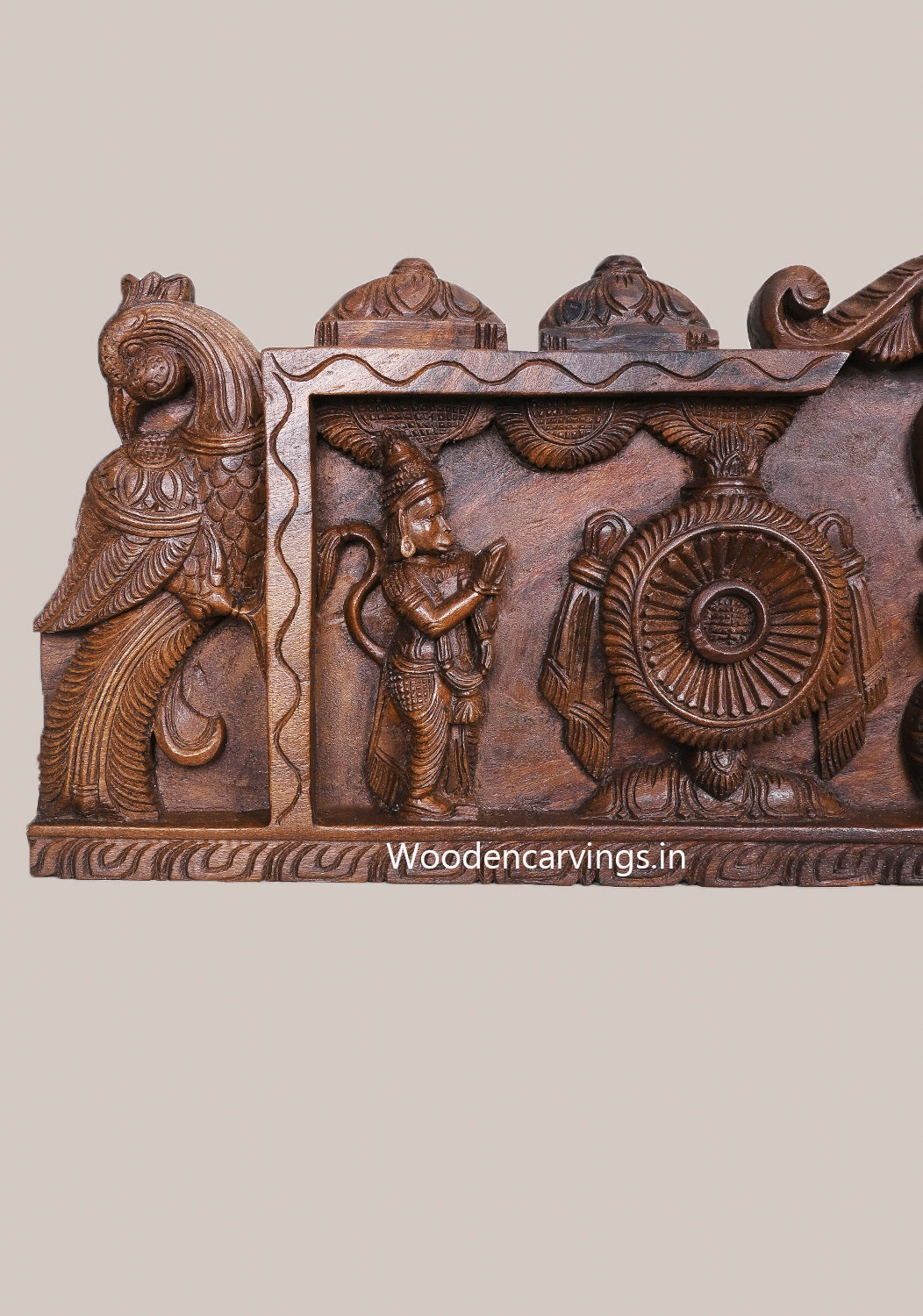 Garuda With Hanumanth Reclining Ranganathaswamy With Thirunama Chakram Wooden Horizontal Wax Brown Wall Panel 48"