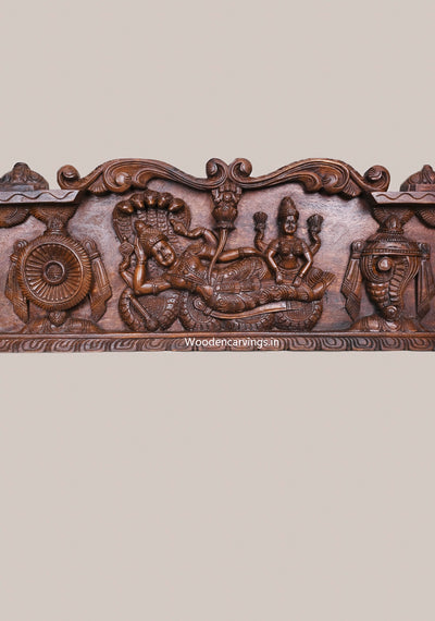 Garuda With Hanumanth Reclining Ranganathaswamy With Thirunama Chakram Wooden Horizontal Wax Brown Wall Panel 48"