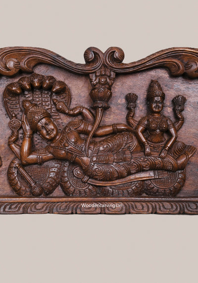 Garuda With Hanumanth Reclining Ranganathaswamy With Thirunama Chakram Wooden Horizontal Wax Brown Wall Panel 48"