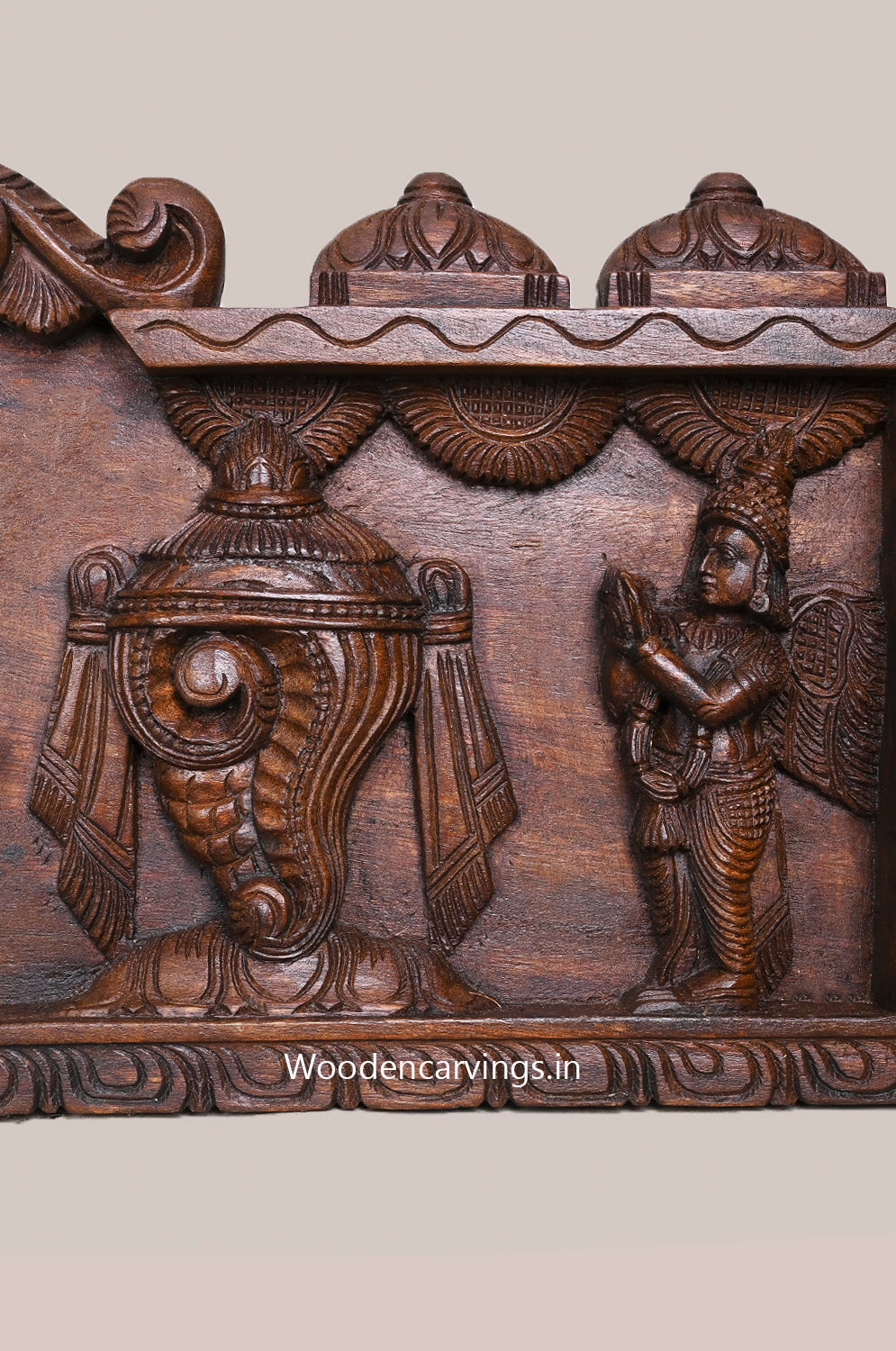 Garuda With Hanumanth Reclining Ranganathaswamy With Thirunama Chakram Wooden Horizontal Wax Brown Wall Panel 48"