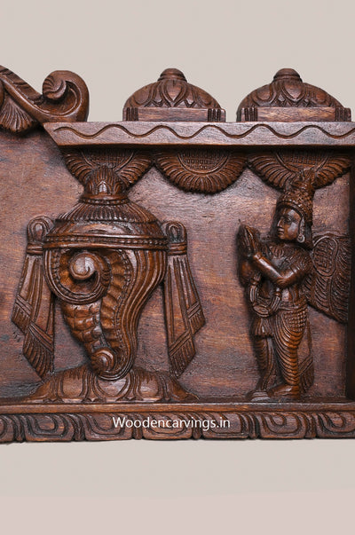 Garuda With Hanumanth Reclining Ranganathaswamy With Thirunama Chakram Wooden Horizontal Wax Brown Wall Panel 48"