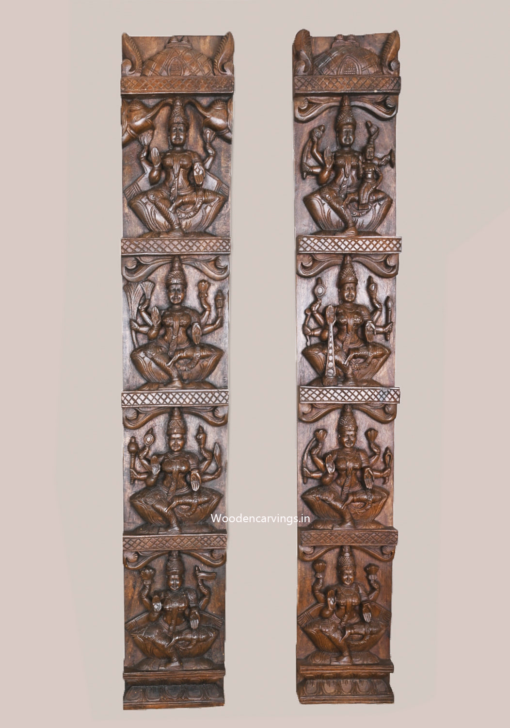 Vertical Entrance and Door Decoration Eight Forms of Astalakshmi Wooden Hooks Fixed Brown Finishing Panel 48"