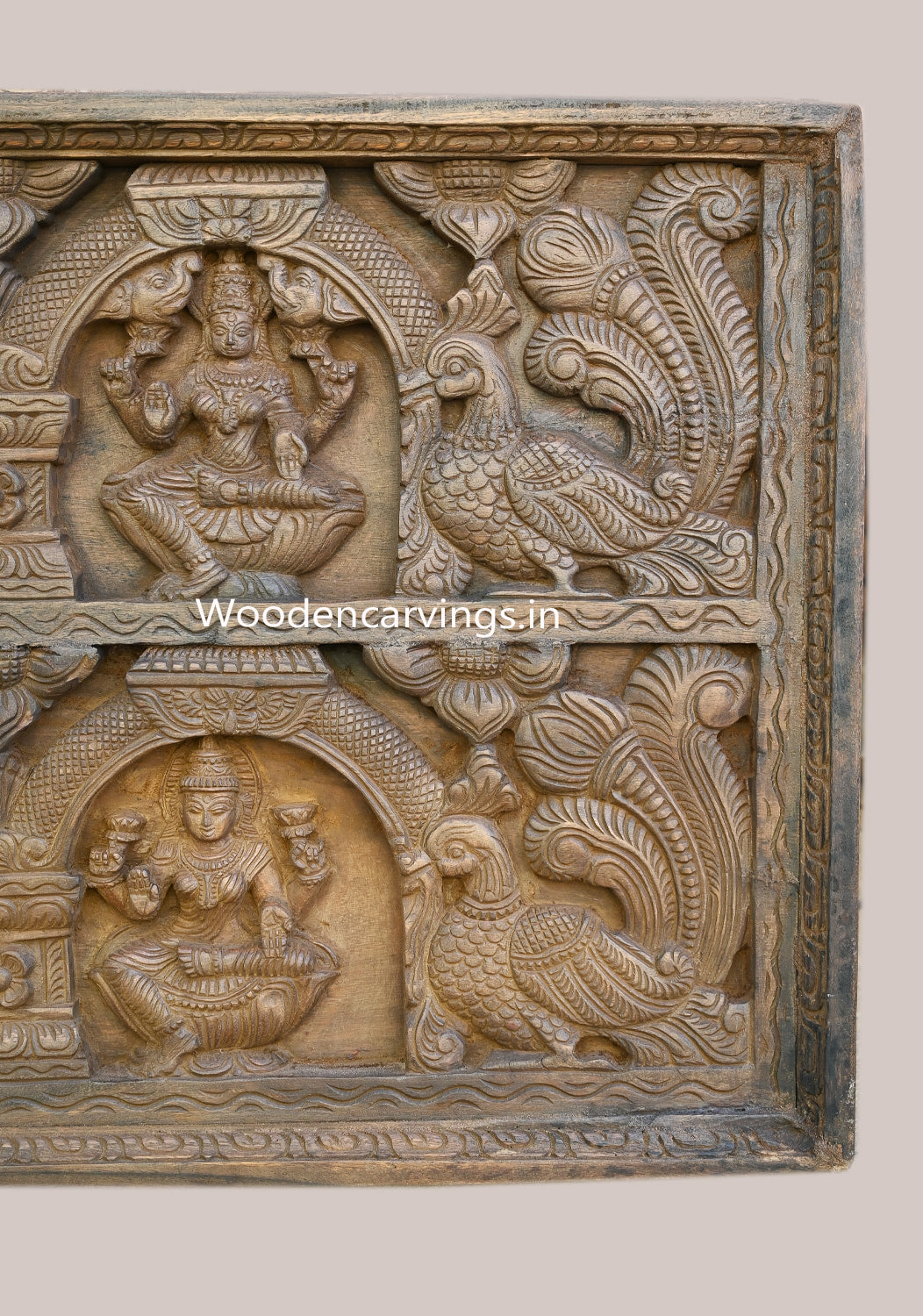 Frame Design Square Shape Goddess Astalakshmi With Lord Ganesh Mandap Prabhavali Design Wooden Wall Mount 74.5"