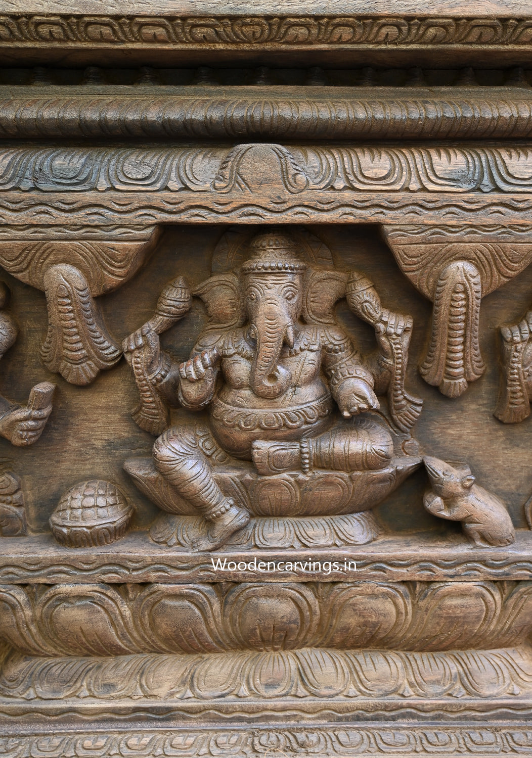 Pooja Mandap Design Special Frame Design Lord Ganapathi Figurine Carved Decorative Wooden Wall mount Panel 72.5"