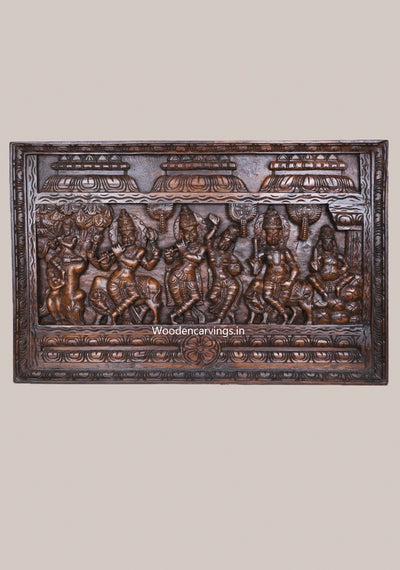 Fluting Lord Gorgeous Krishna Standing With Radha and Auspicious Cow Mandap Frame Design Wooden Wall Mount 37"