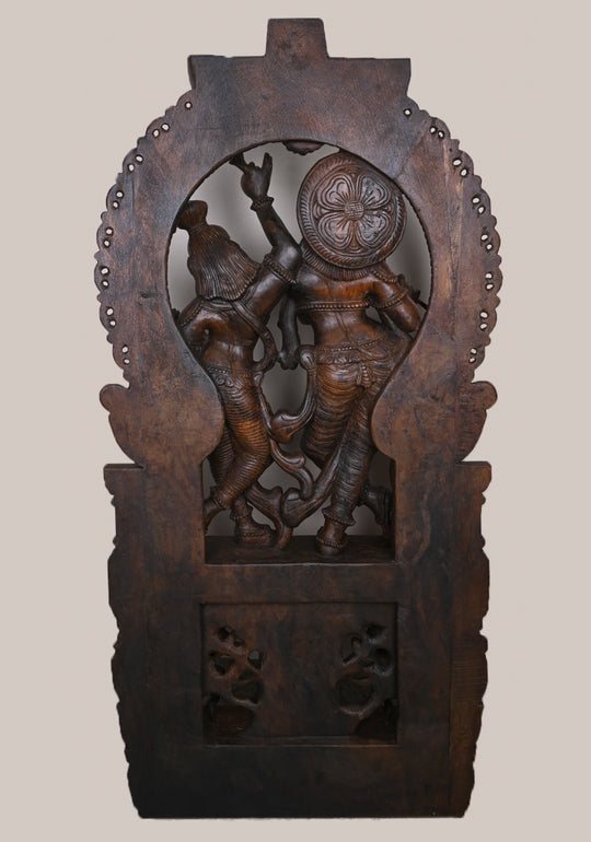 Prabhavali Standing Radha and Krishna Playing With Flute and Two Sevagar Ladies Handcrafted Wooden Sculpture 60"