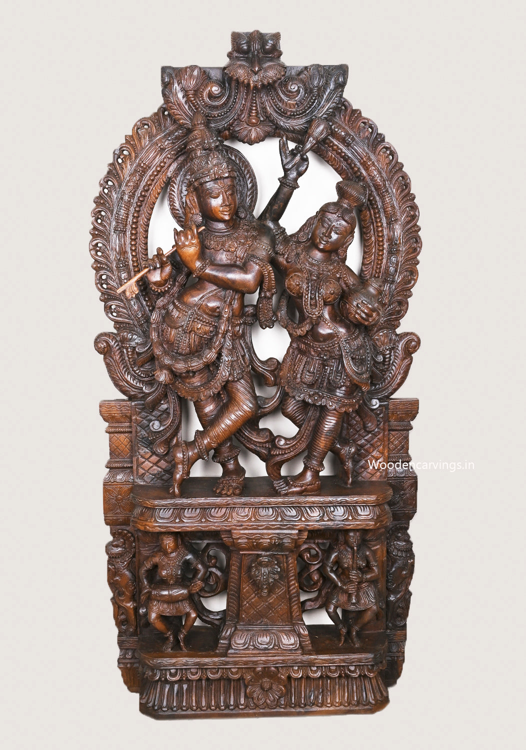 Prabhavali Standing Radha and Krishna Playing With Flute and Two Sevagar Ladies Handcrafted Wooden Sculpture 60"