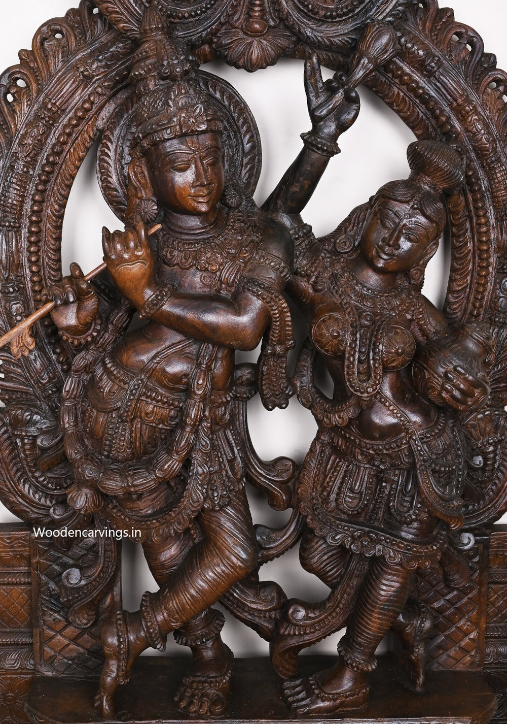 Prabhavali Standing Radha and Krishna Playing With Flute and Two Sevagar Ladies Handcrafted Wooden Sculpture 60"