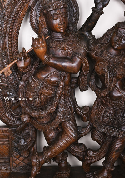 Prabhavali Standing Radha and Krishna Playing With Flute and Two Sevagar Ladies Handcrafted Wooden Sculpture 60"