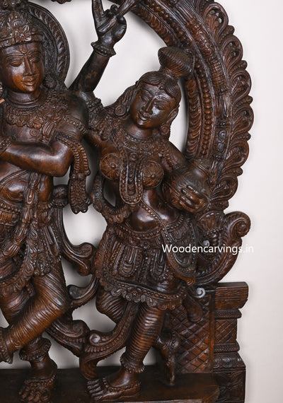 Prabhavali Standing Radha and Krishna Playing With Flute and Two Sevagar Ladies Handcrafted Wooden Sculpture 60"