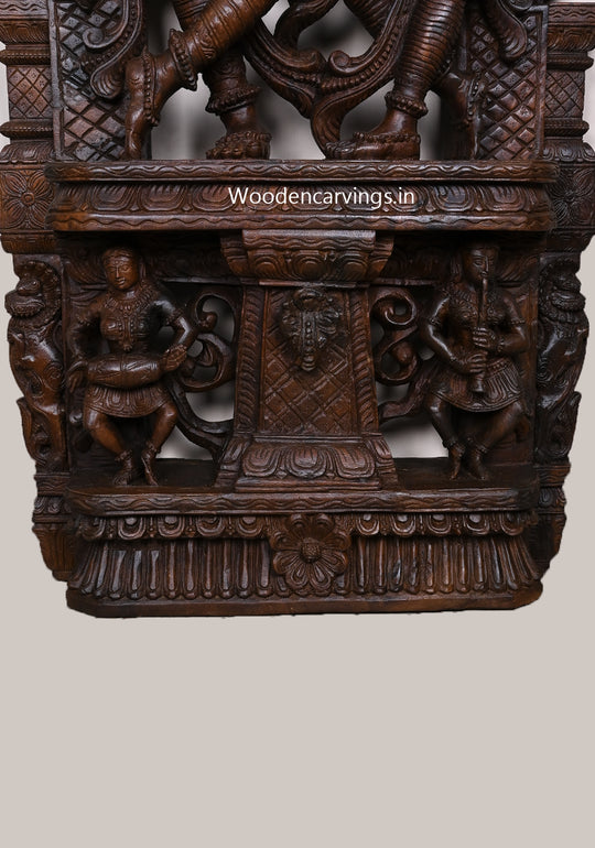 Prabhavali Standing Radha and Krishna Playing With Flute and Two Sevagar Ladies Handcrafted Wooden Sculpture 60"