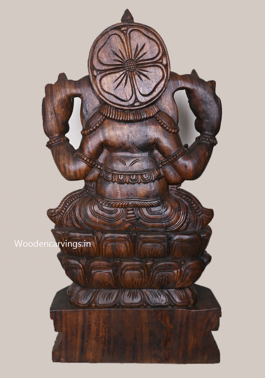 Wooden Sitting Double Petal Lotus Vakratunda Ganapathy Wax Brown Finishing Handcrafted Sculpture 35.5"