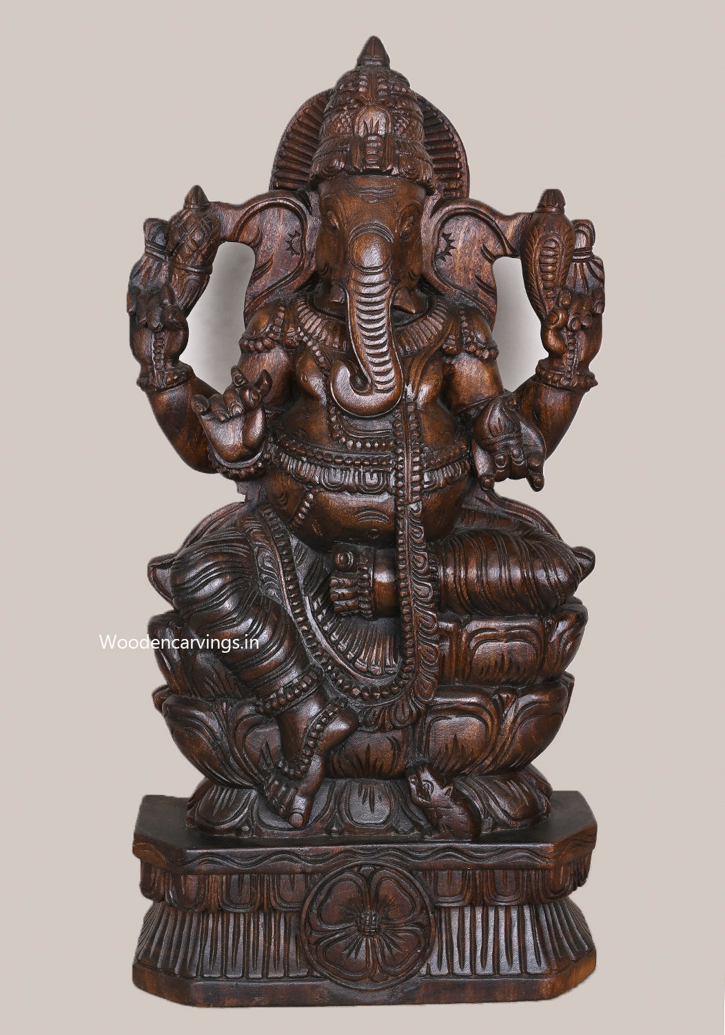 Wooden Sitting Double Petal Lotus Vakratunda Ganapathy Wax Brown Finishing Handcrafted Sculpture 35.5"