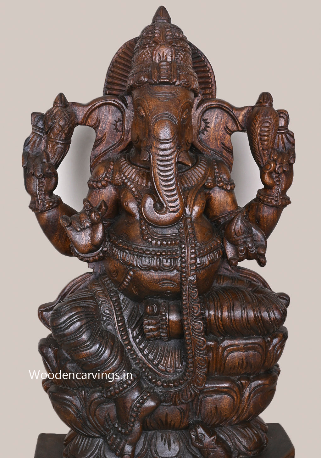 Wooden Sitting Double Petal Lotus Vakratunda Ganapathy Wax Brown Finishing Handcrafted Sculpture 35.5"