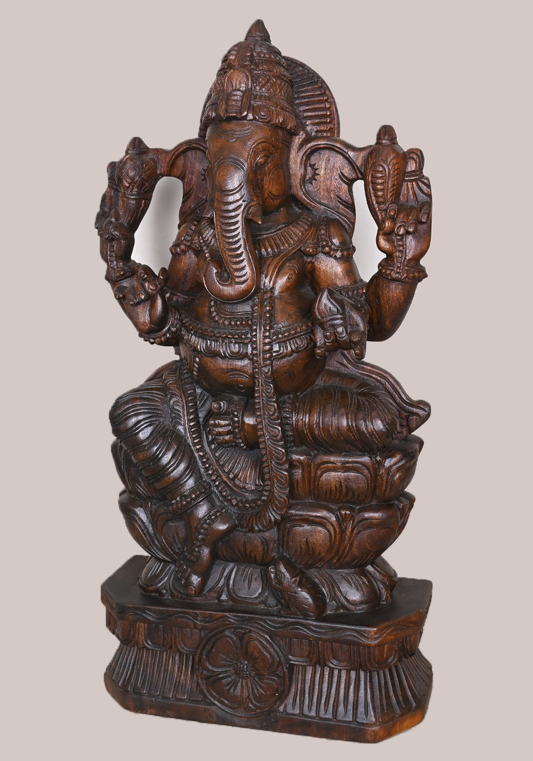 Wooden Sitting Double Petal Lotus Vakratunda Ganapathy Wax Brown Finishing Handcrafted Sculpture 35.5"