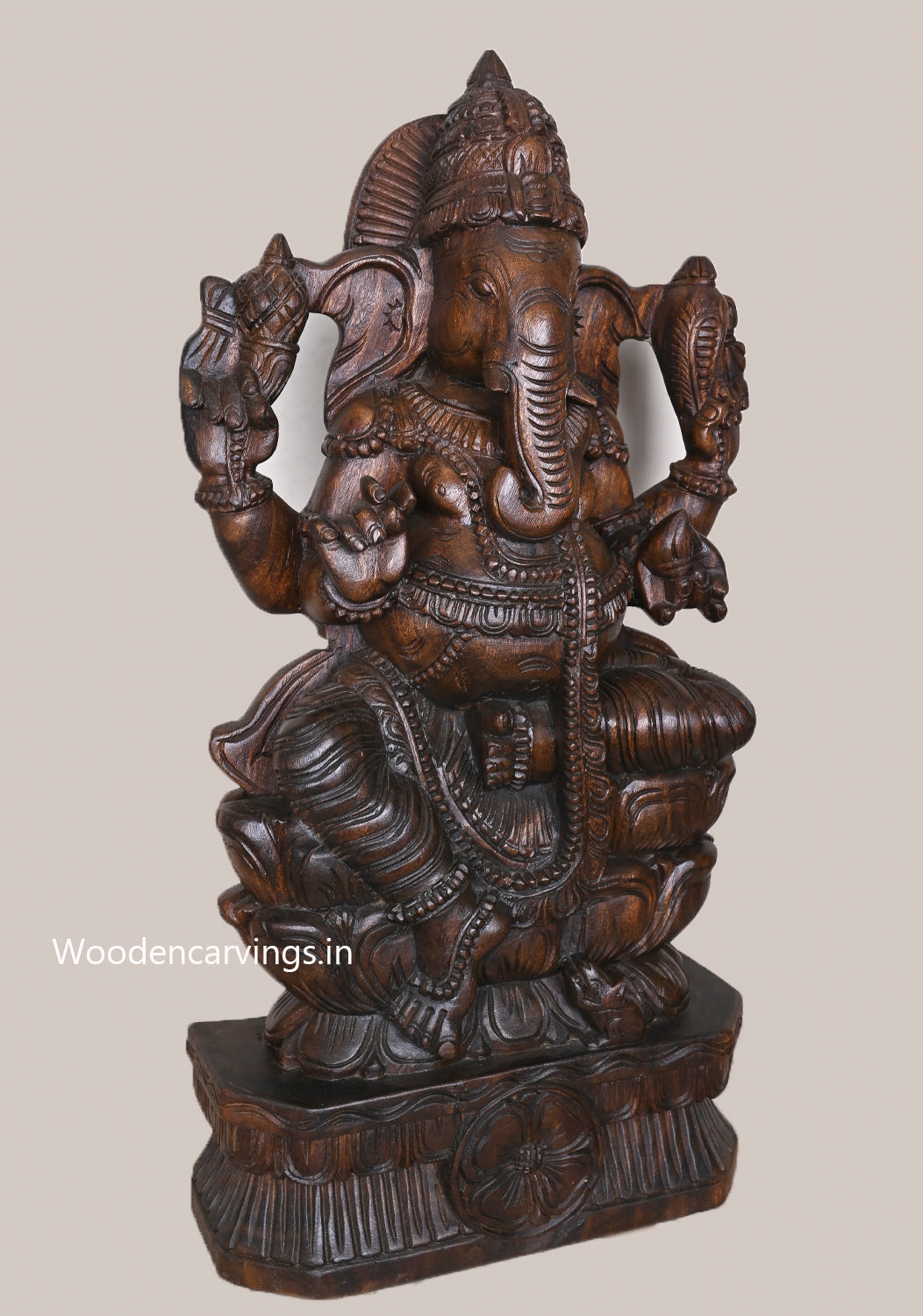 Wooden Sitting Double Petal Lotus Vakratunda Ganapathy Wax Brown Finishing Handcrafted Sculpture 35.5"