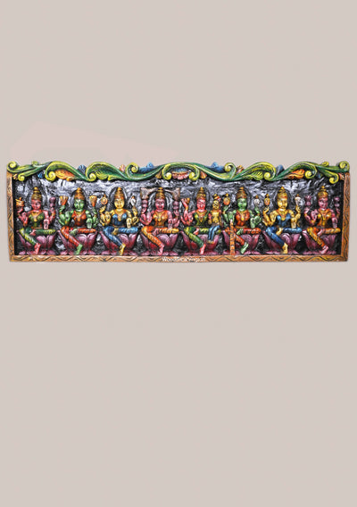 Goddess of Unlimited Wealth Shri AstaLakshmi Horizontal Wooden Hooks Fixed Home Decoration Wall Panel 42"