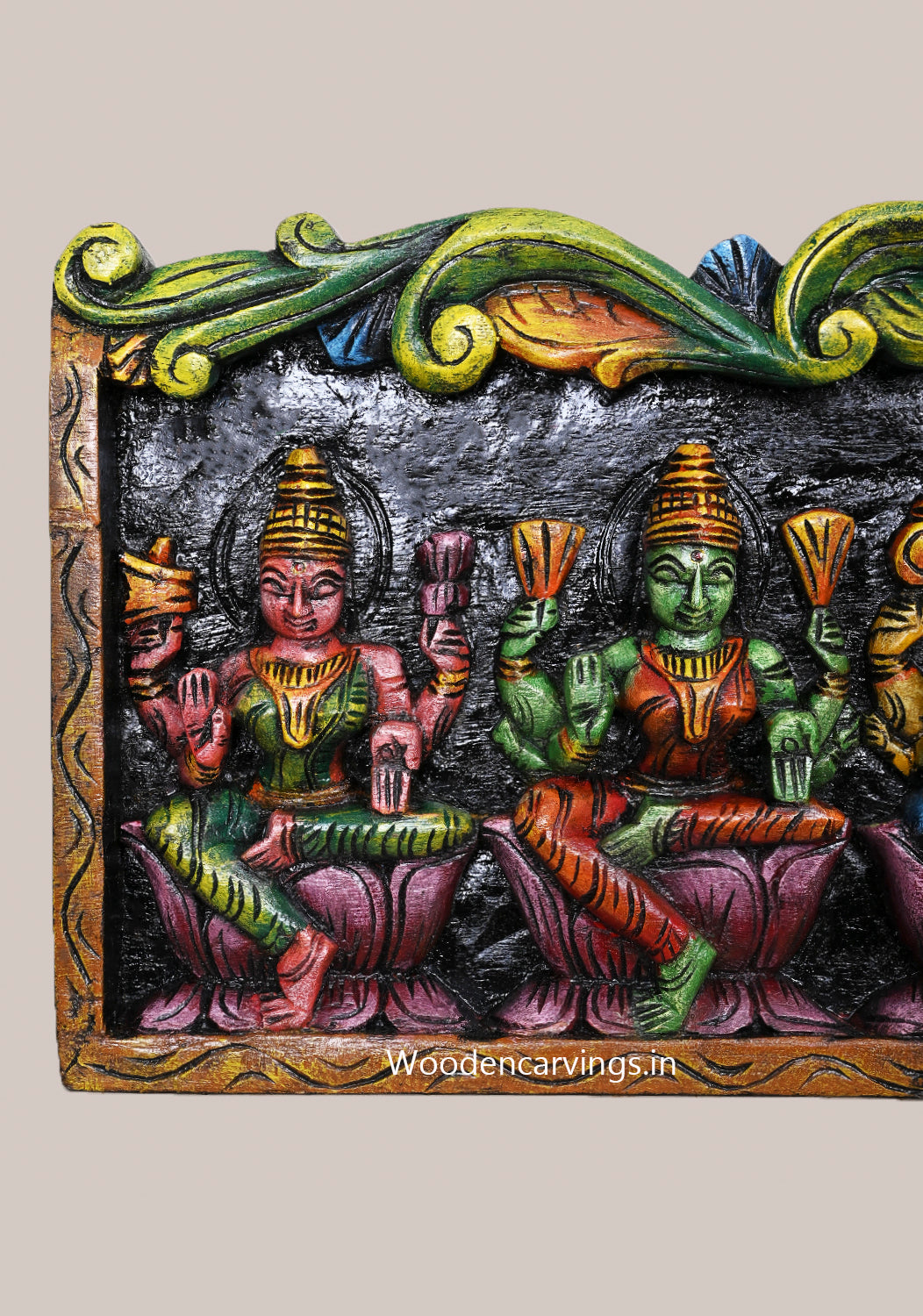 Goddess of Unlimited Wealth Shri AstaLakshmi Horizontal Wooden Hooks Fixed Home Decoration Wall Panel 42"