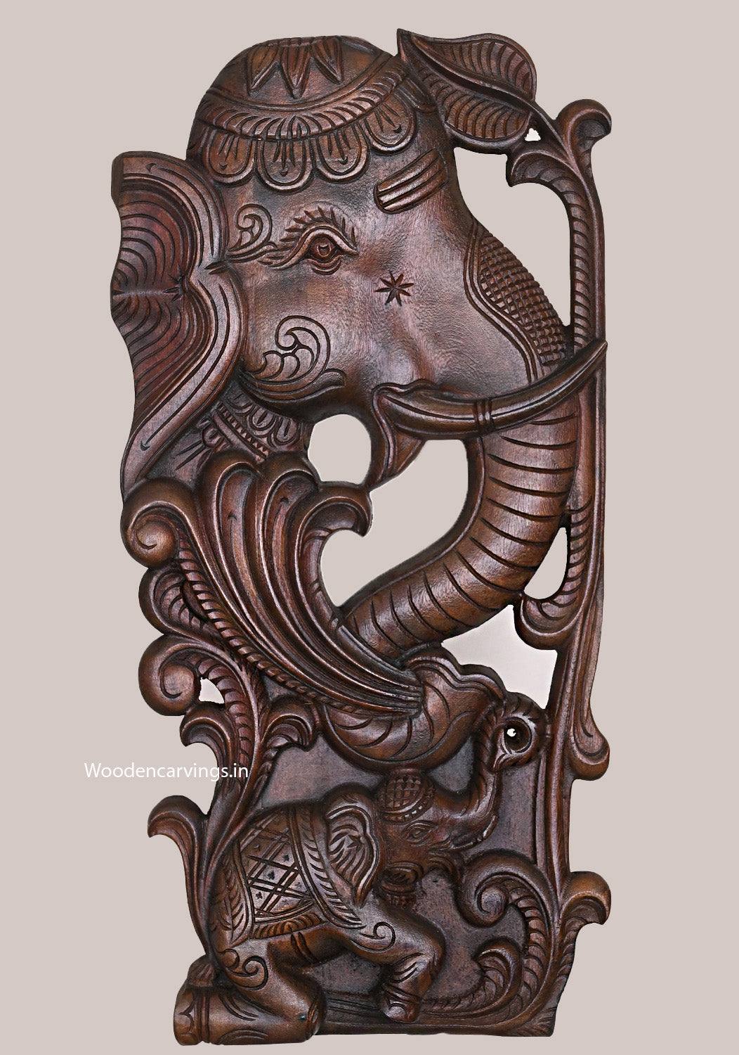 Vertical Hooks Fixed Elephant Face Carved Wooden Wax Brown Finishing Light Weight Wall Mount 24"