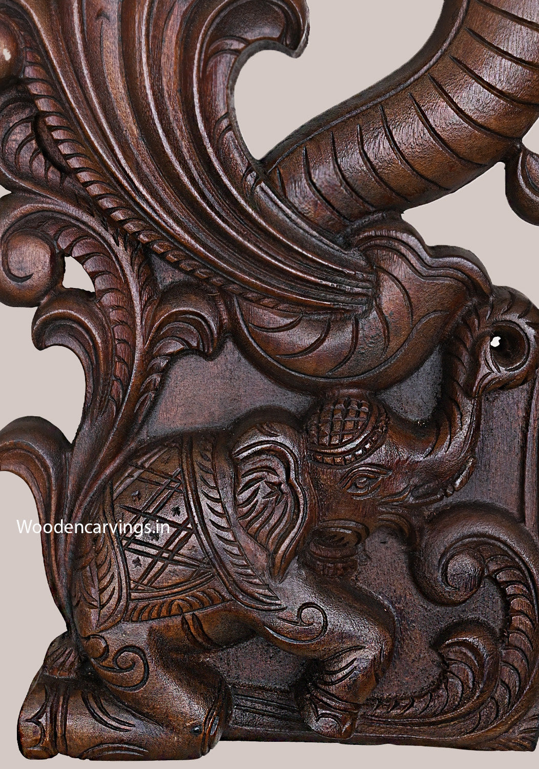 Vertical Hooks Fixed Elephant Face Carved Wooden Wax Brown Finishing Light Weight Wall Mount 24"