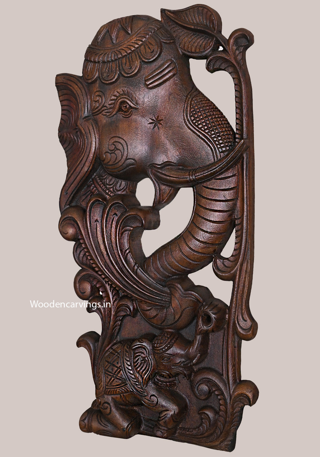 Vertical Hooks Fixed Elephant Face Carved Wooden Wax Brown Finishing Light Weight Wall Mount 24"