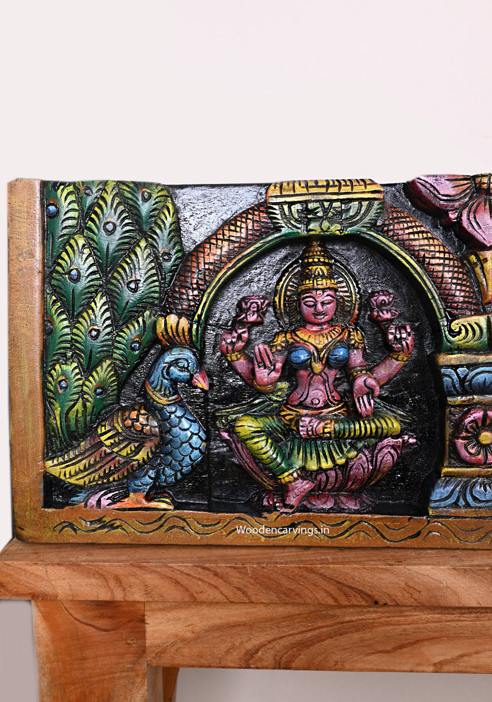 Standing Peacock With Prabhavali Lord Murugar, Ganapathy, Lakshmi and Saraswathi Wooden Wall Panel 49.5"