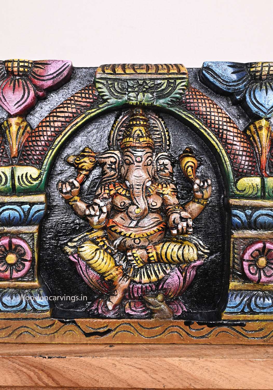 Standing Peacock With Prabhavali Lord Murugar, Ganapathy, Lakshmi and Saraswathi Wooden Wall Panel 49.5"