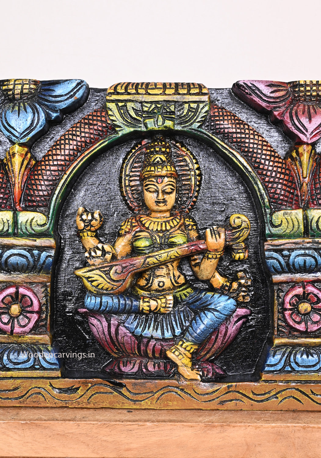 Standing Peacock With Prabhavali Lord Murugar, Ganapathy, Lakshmi and Saraswathi Wooden Wall Panel 49.5"