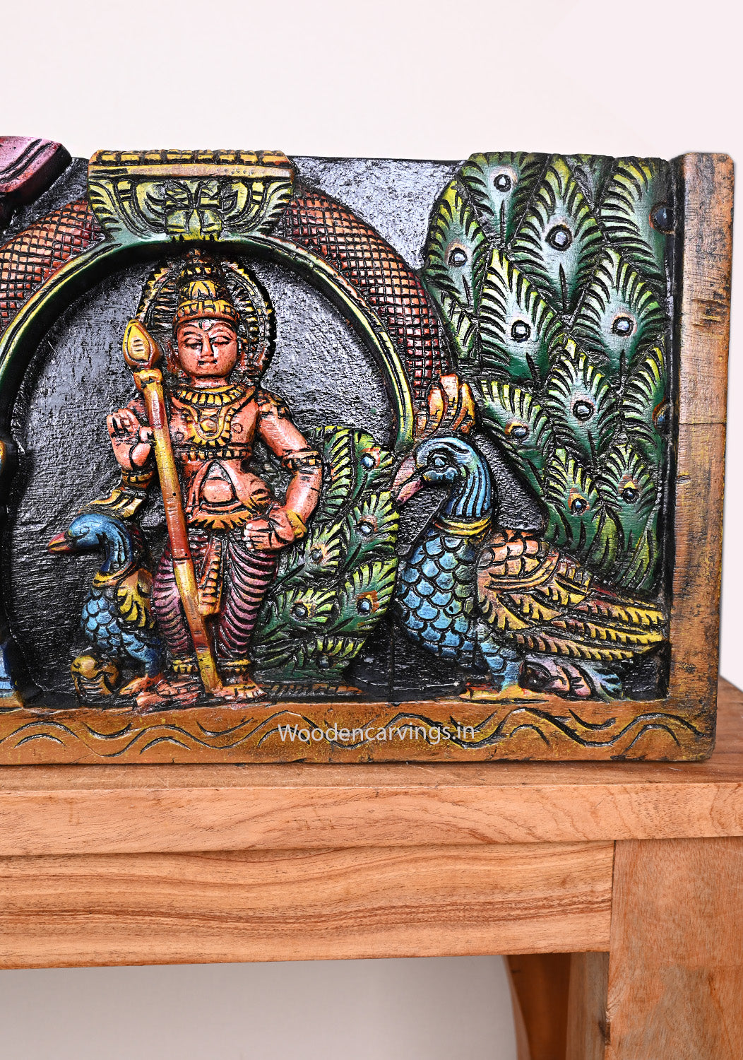 Standing Peacock With Prabhavali Lord Murugar, Ganapathy, Lakshmi and Saraswathi Wooden Wall Panel 49.5"