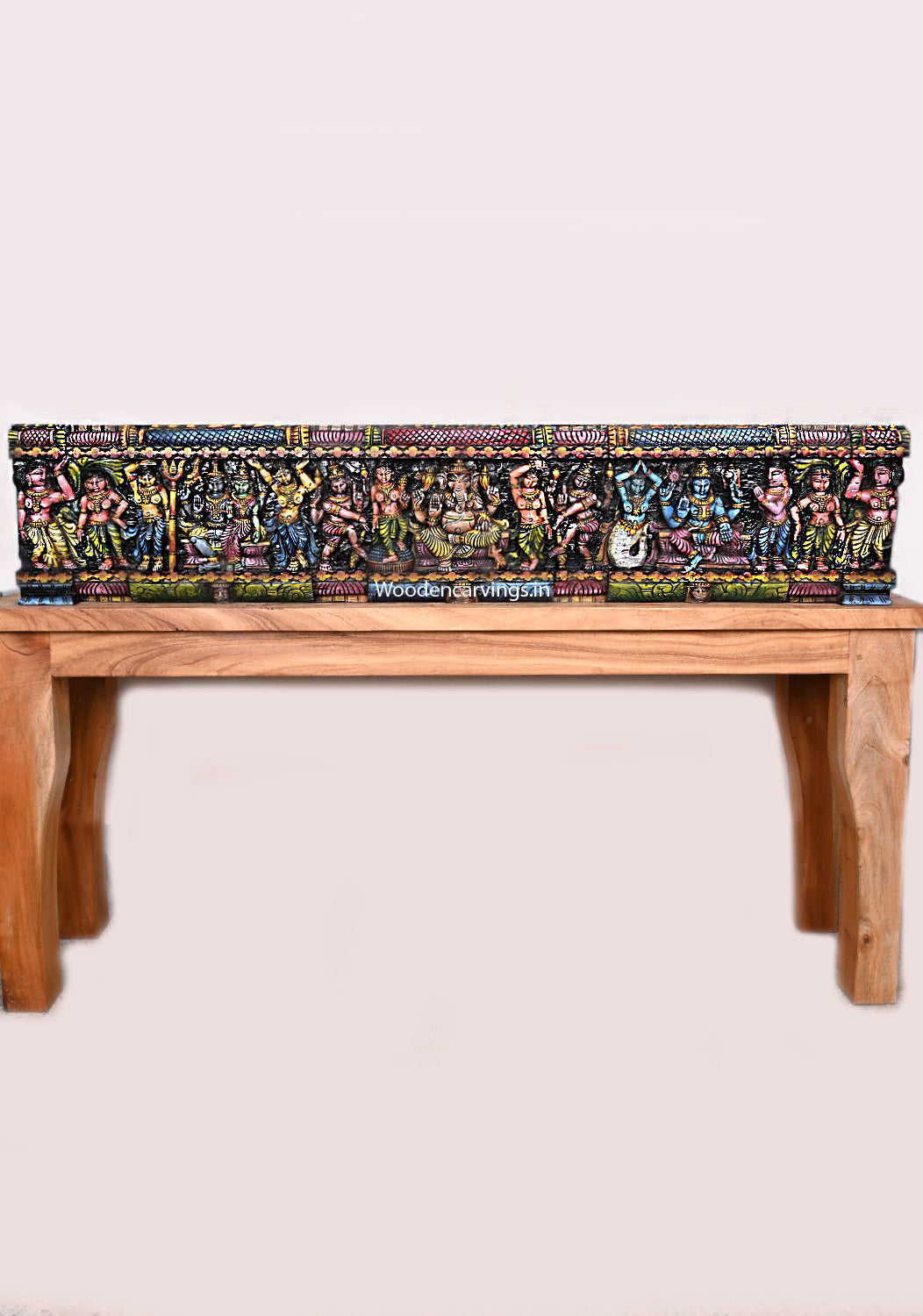 Cheerful Lord Ganapathy With Lord Shiva and Goddess Parvathy, Blueish Maha Vishnu Wooden Wall Panel 48"