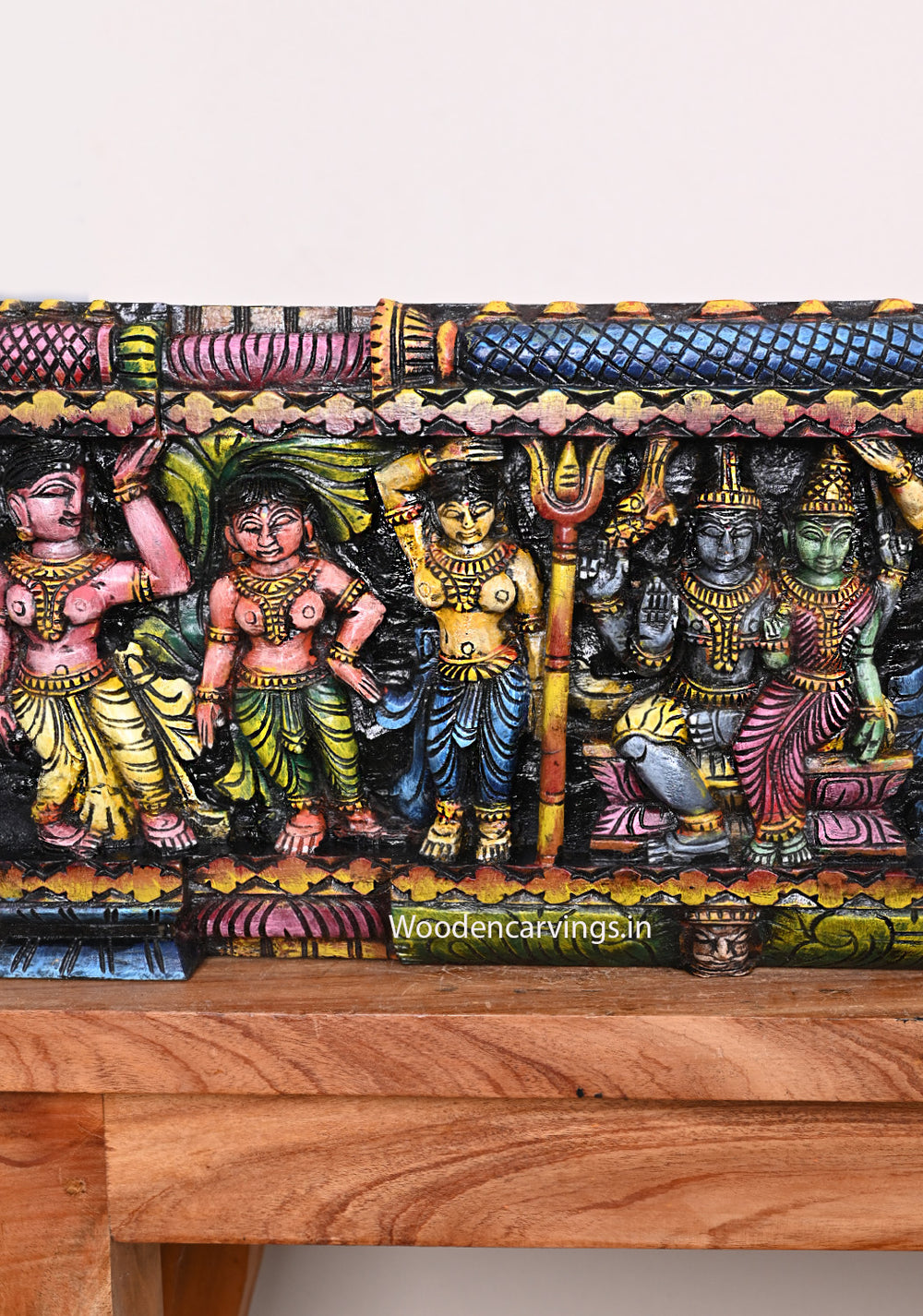 Cheerful Lord Ganapathy With Lord Shiva and Goddess Parvathy, Blueish Maha Vishnu Wooden Wall Panel 48"