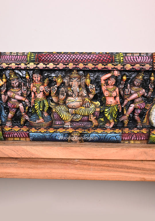 Cheerful Lord Ganapathy With Lord Shiva and Goddess Parvathy, Blueish Maha Vishnu Wooden Wall Panel 48"