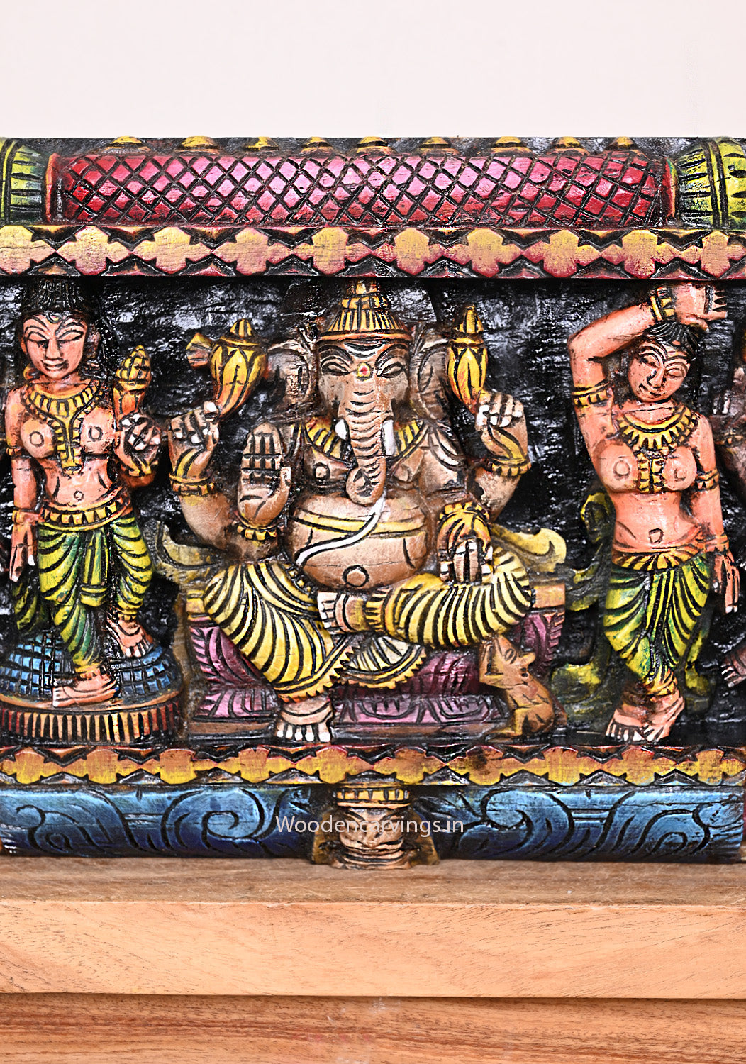 Cheerful Lord Ganapathy With Lord Shiva and Goddess Parvathy, Blueish Maha Vishnu Wooden Wall Panel 48"