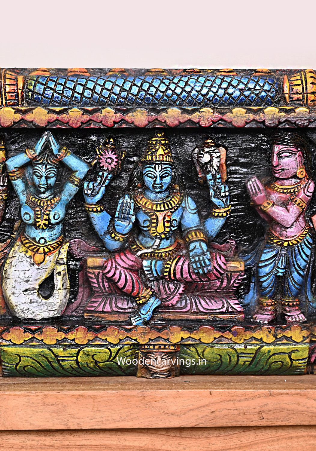 Cheerful Lord Ganapathy With Lord Shiva and Goddess Parvathy, Blueish Maha Vishnu Wooden Wall Panel 48"