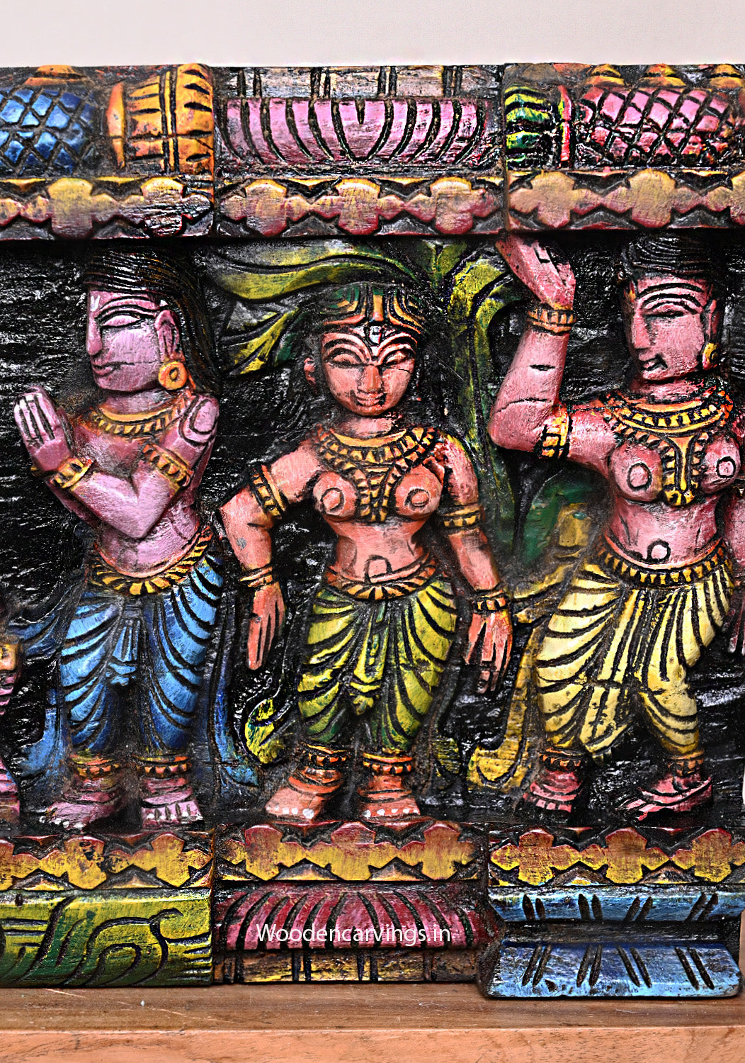 Cheerful Lord Ganapathy With Lord Shiva and Goddess Parvathy, Blueish Maha Vishnu Wooden Wall Panel 48"