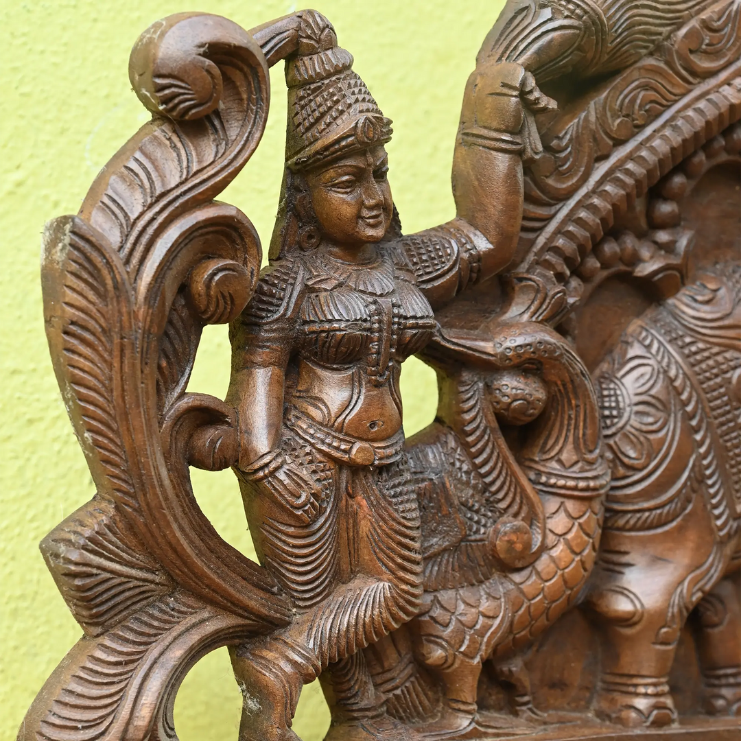 Arch Design Gajalakshmi Wood Carving Panel Flanked by Apsara Devi's 42"