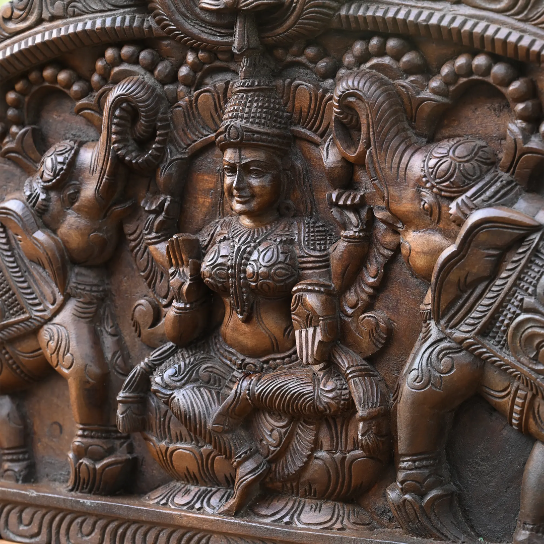 Arch Design Gajalakshmi Wood Carving Panel Flanked by Apsara Devi's 42"