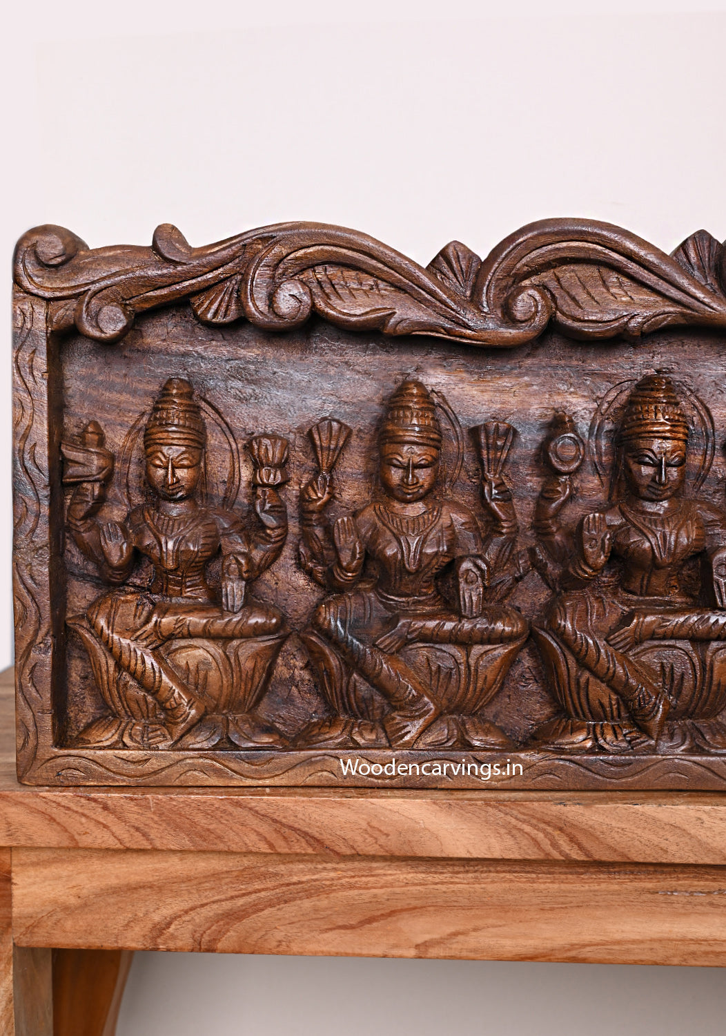 Horizontal AshtaLakshmi Eight Wealthy Forms Wax Brown Wall Decoration Wooden Beautiful Wall Panel 42"