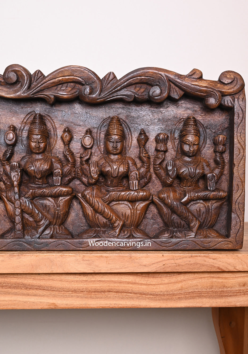 Horizontal AshtaLakshmi Eight Wealthy Forms Wax Brown Wall Decoration Wooden Beautiful Wall Panel 42"