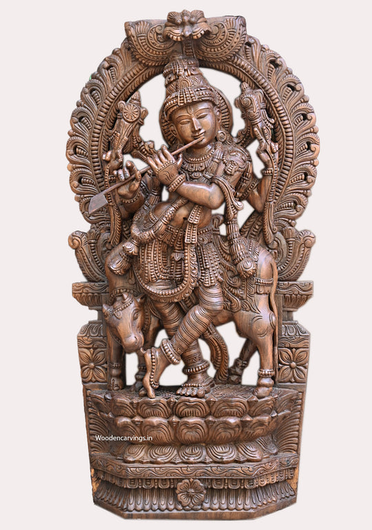 Prabhavali Standing Lord Jai Shree Krishna Playing With Flute and Animal Cow Handcrafted Sculpture 48.5"