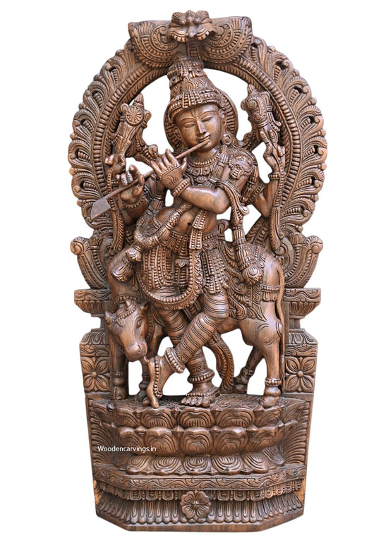 48.5" Handcrafted Prabhavali Krishna Statue – Divine Flute & Cow Sculpture