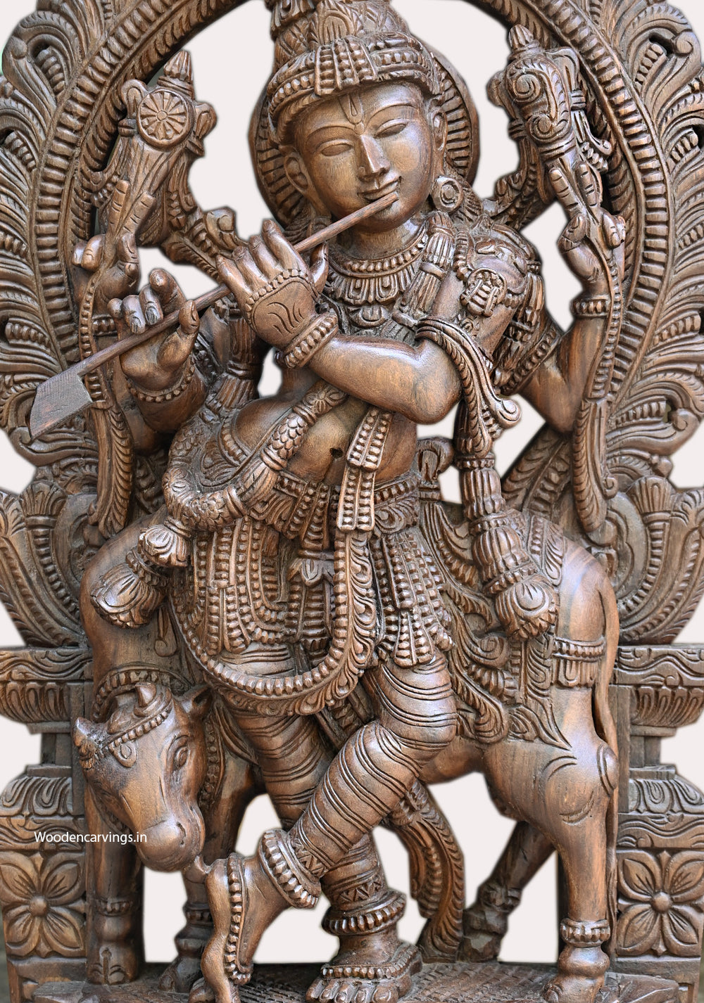 Prabhavali Standing Lord Jai Shree Krishna Playing With Flute and Animal Cow Handcrafted Sculpture 48.5"