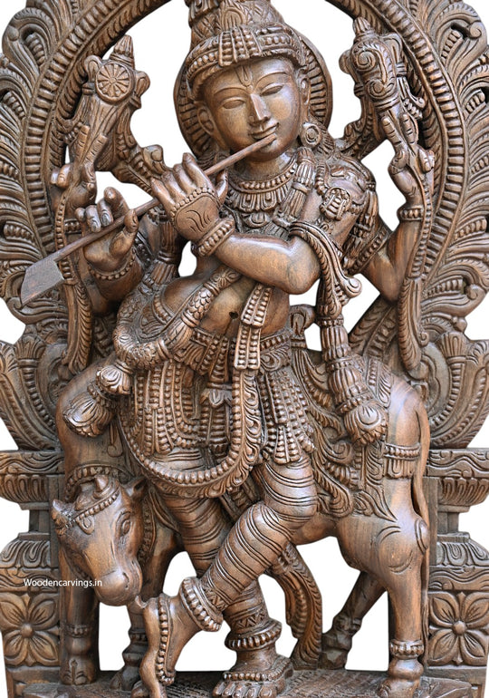 48.5" Handcrafted Prabhavali Krishna Statue – Divine Flute & Cow Sculpture